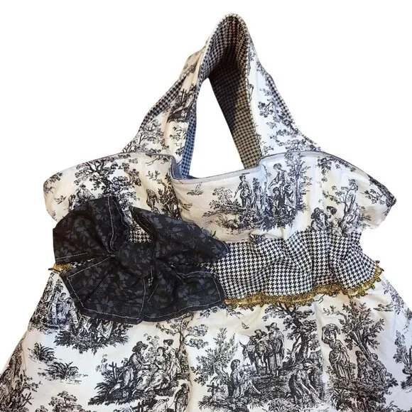 Handmade Black & White Toile & Houndstooth Tote Bag With Ruffled Detail & Gold T - Picture 15 of 15